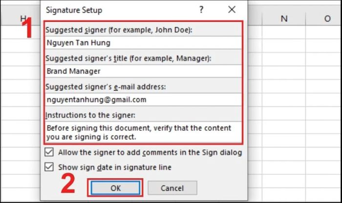 Điền đầy đủ thông tin liên quan đến chữ ký