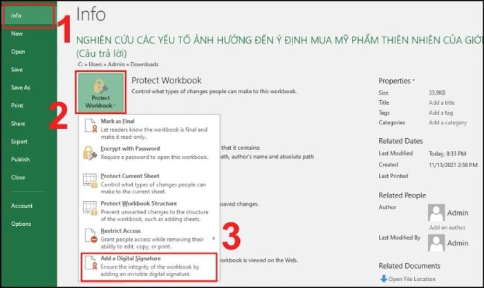 Nhấn chọn Info và chọn mục Protect Workbook