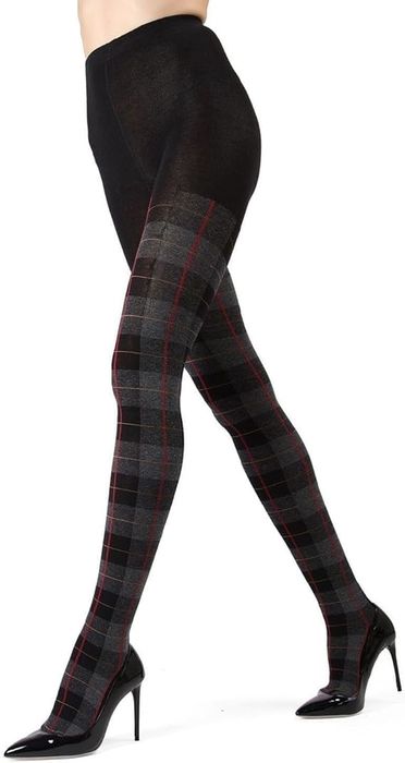 Model wearing the plaid tights