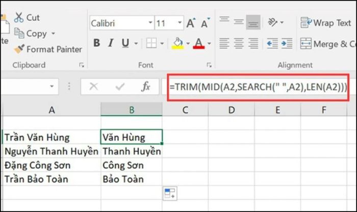 Cách áp dụng hàm MID để trích xuất tên