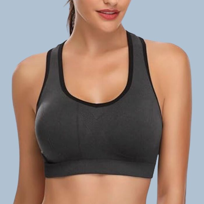A model wearing the black and grey bra