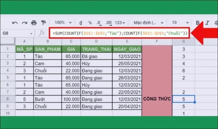 Kết hợp với hàm SUM để tính tổng số lần xuất hiện