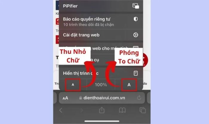 chọn A nhỏ hoặc A lớn để thay đổi kích thước chữ trên trình duyệt Safari