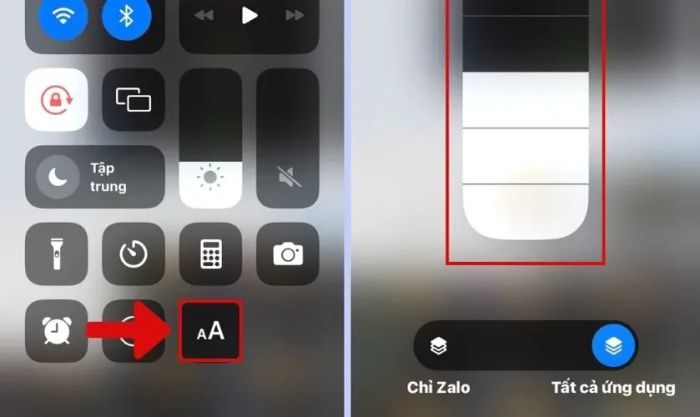 quy trình điều chỉnh cỡ chữ thông qua control center