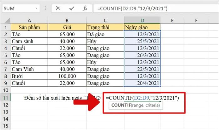 Sử dụng hàm COUNTIF để đếm dựa trên giá trị ngày, tháng, năm