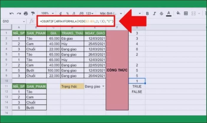 Ví dụ khi kết hợp hàm COUNTIF với hàm MID