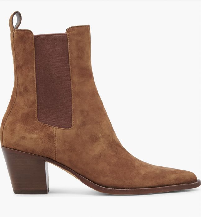 A chic brown suede ankle boot featuring a block heel and elastic side panels, designed in a timeless Chelsea boot style