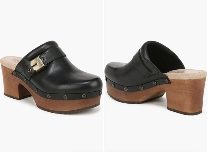 Black leather clogs featuring wooden platform heels and stylish metal accents
