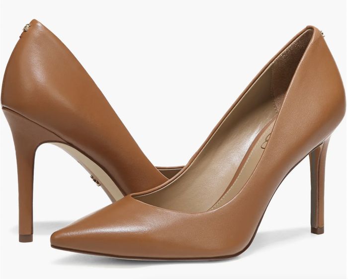 A pair of elegant brown high-heeled pumps with a timeless, sleek design, displayed from side and back views