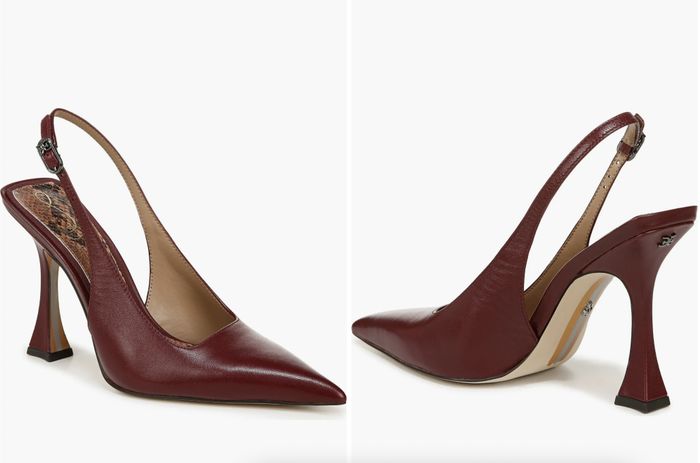 Two views of a pair of brown high-heeled slingback shoes featuring pointed toes and a distinctive heel design