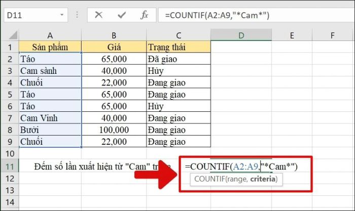 Hướng dẫn sử dụng hàm COUNTIF để đếm giá trị văn bản
