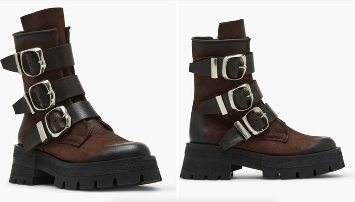 Chunky brown boots with rugged soles, adorned with three large silver buckles and black straps