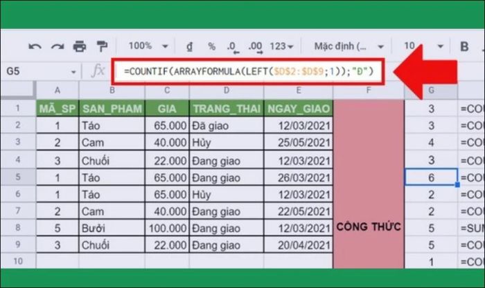 Kết hợp với hàm LEFT để đếm