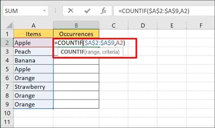 Hướng dẫn sử dụng hàm COUNTIF để lọc giá trị trùng lặp
