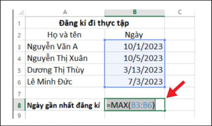 Sử dụng hàm MAX trong Excel để xác định ngày mới nhất mà sinh viên đăng ký thực tập.