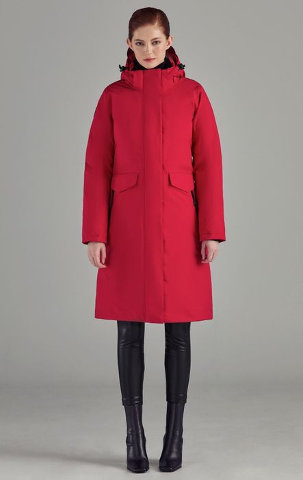 Model wearing the jacket in red