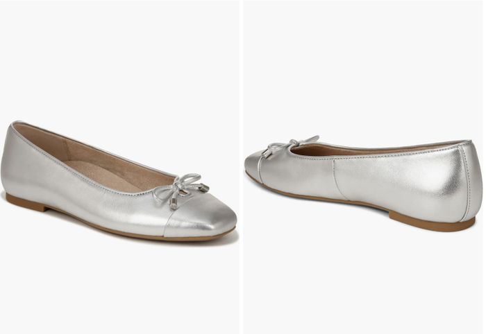 Two silver ballet flats adorned with bow accents, displayed from side and front perspectives