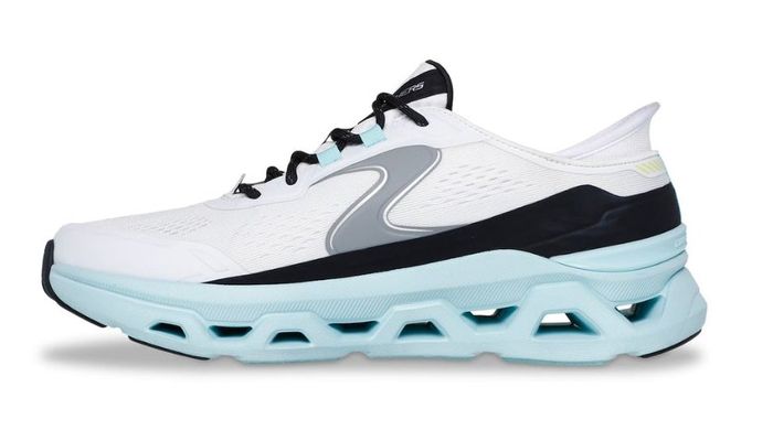 The white and blue sneakers