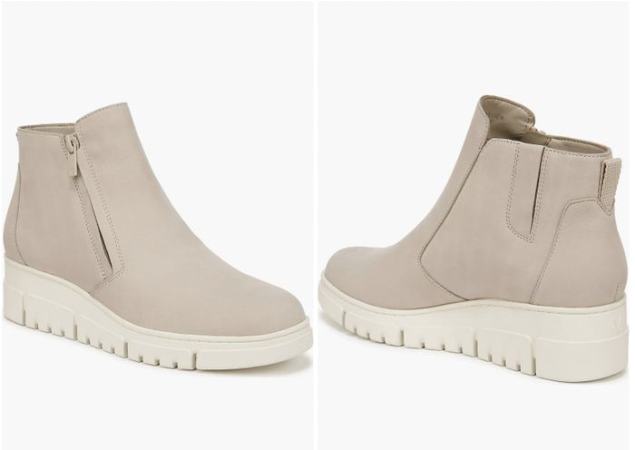 Ankle-length boots featuring side zippers and thick, chunky soles, shown from two different perspectives