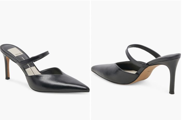 Two views of a chic black pointed-toe heeled mule with a single strap