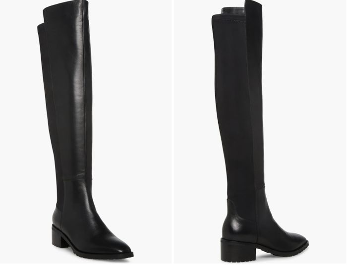 Two photos of sleek black leather knee-high boots with low block heels, shown from side and back angles