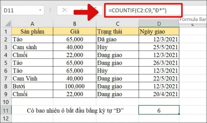 Hướng dẫn sử dụng hàm COUNTIF để đếm ô bắt đầu bằng ký tự cụ thể