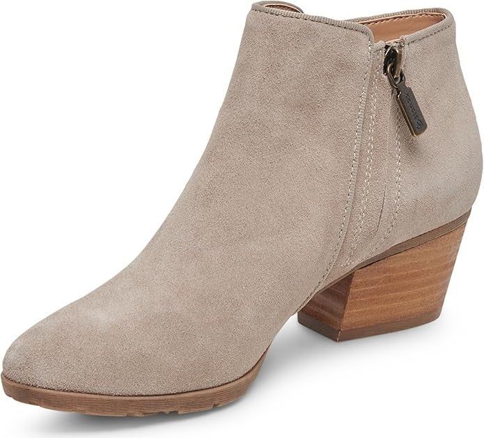 Suede ankle boots featuring a side zipper and a sturdy wooden block heel
