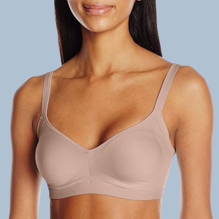 A model wearing the khaki-colored bra