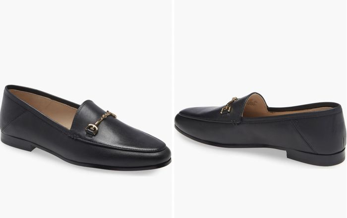 Black loafers featuring gold hardware accents, displayed from side and top views