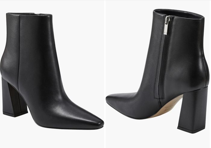 Black ankle boots with a pointed toe, high heel, and side zipper, displayed from multiple angles
