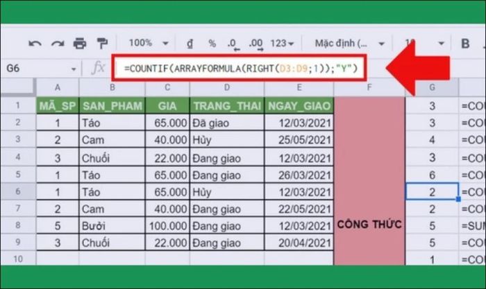 Ví dụ khi kết hợp hàm COUNTIF với hàm Right