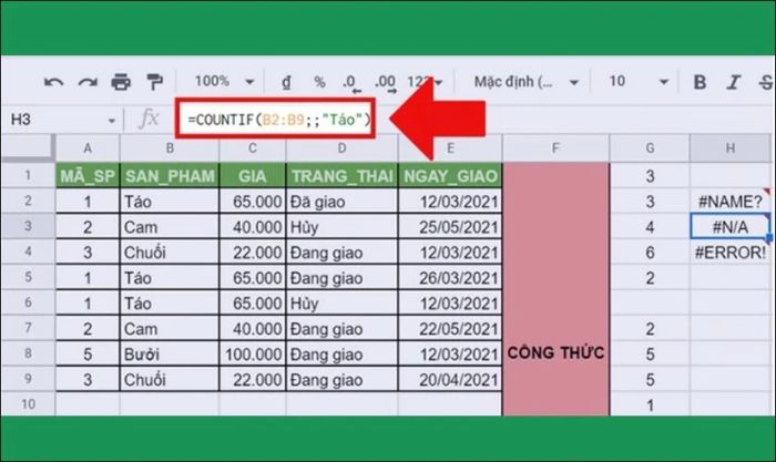 Lỗi #N/A khi sử dụng hàm COUNTIF trong Excel
