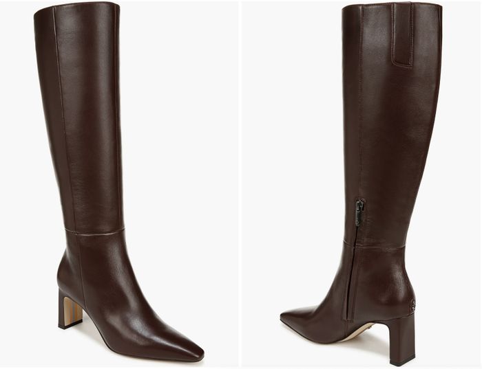 Knee-high leather boots with pointed toes and sturdy block heels, displayed from front and side views