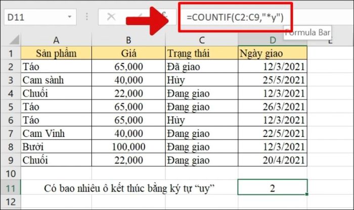 Hướng dẫn sử dụng hàm COUNTIF để đếm ô kết thúc bằng ký tự cụ thể