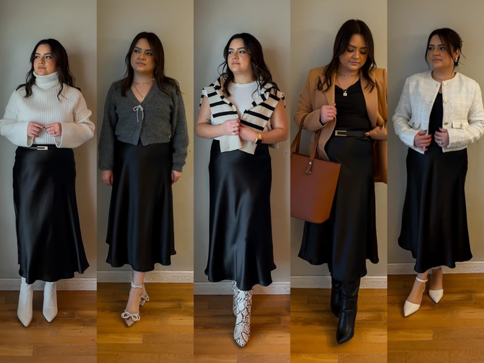 reviewer styling the black skirt in five unique ways with various sweaters, tops, jackets, boots, and heels