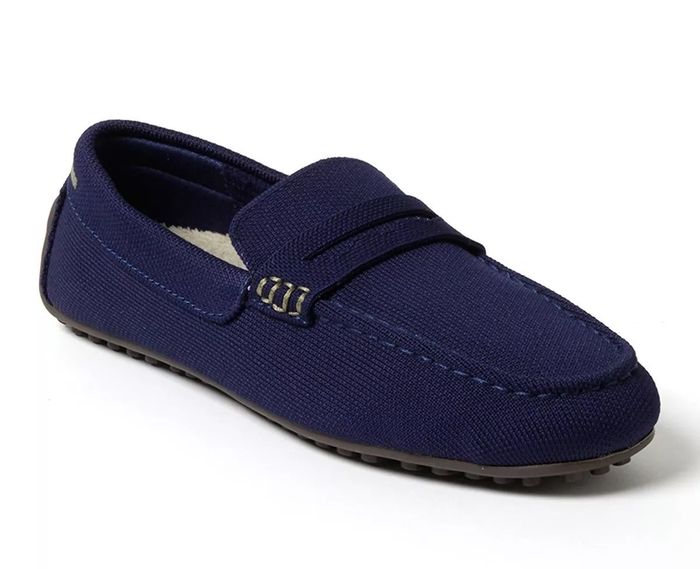 A fashionable blue slip-on loafer with a smooth design and textured upper
