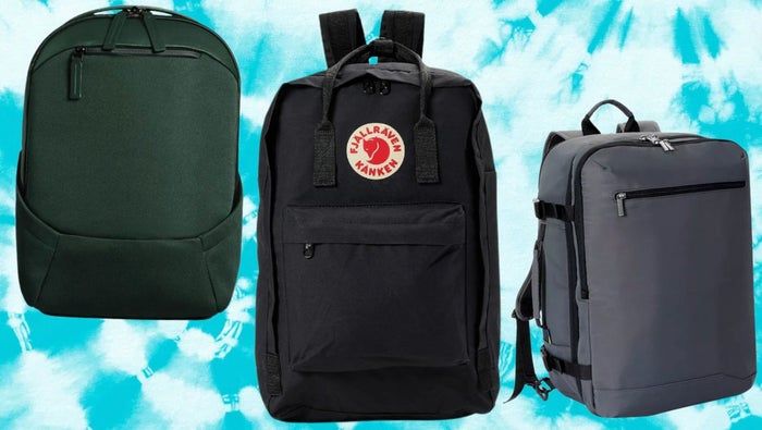 Troubadour backpack, Fjallraven 17-inch laptop bag, and Target travel backpack.