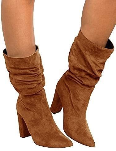 model wearing brown mid-calf boots