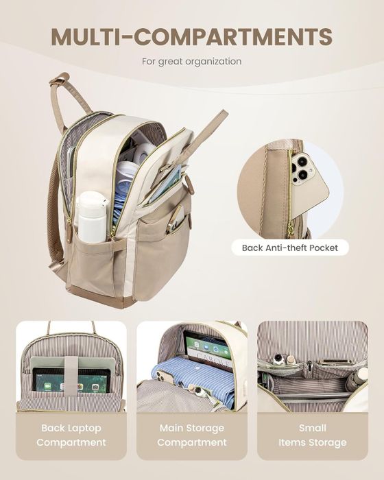 The beige khaki backpack, complete with its array of compartments