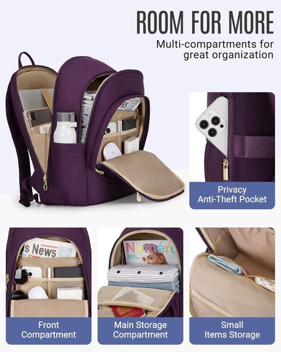 The purple backpack with its multiple compartments