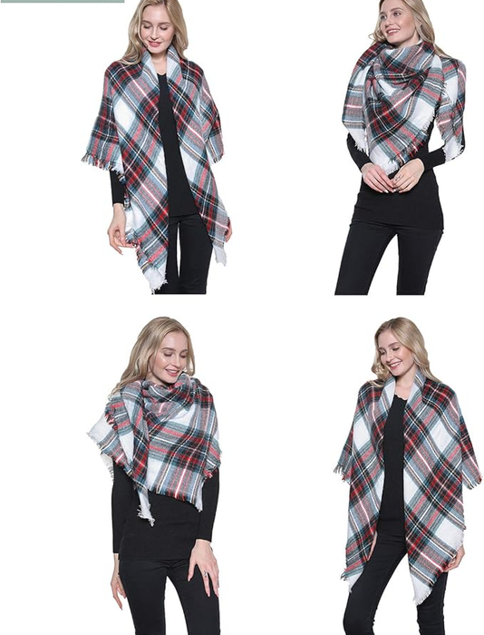 model demonstrating various ways to drape the white and plaid scarf