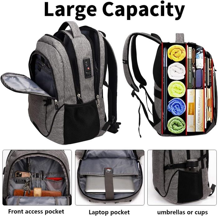 The gray backpack, complete with its multiple compartments