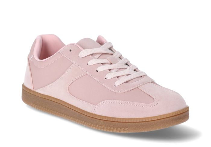 A casual pink sneaker featuring a rubber sole and lace-up design