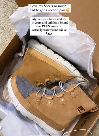 A reviewer's photo showing the boots in tan and grey.