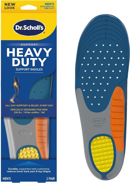 Packaging for Dr. Scholl's Heavy Duty Support Insoles for men, designed for over 200 lbs, with cushioning to reduce lower back pain and leg fatigue