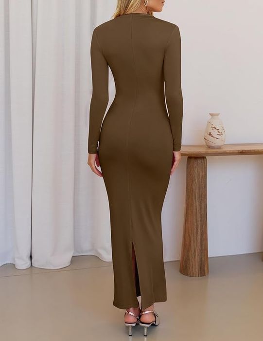 A rear view of a model in a fitted, long-sleeve brown dress.
