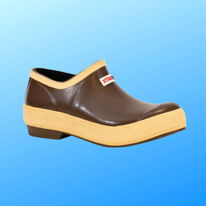 The brown and off-white clog