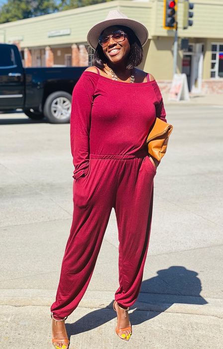 another reviewer in the wine red jumpsuit