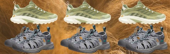 Waterproof boots from Timberland, Merrell Moab Speed 2 footwear, and sandals by Keen.