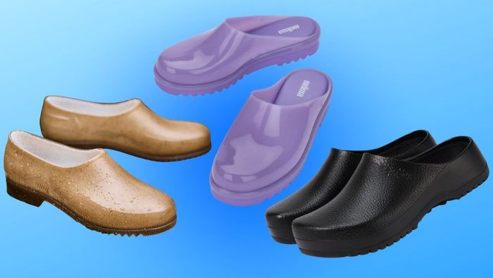 Plasticana Gardana clogs, Melissa smart clogs, and Birkenstock Super Birki clogs.